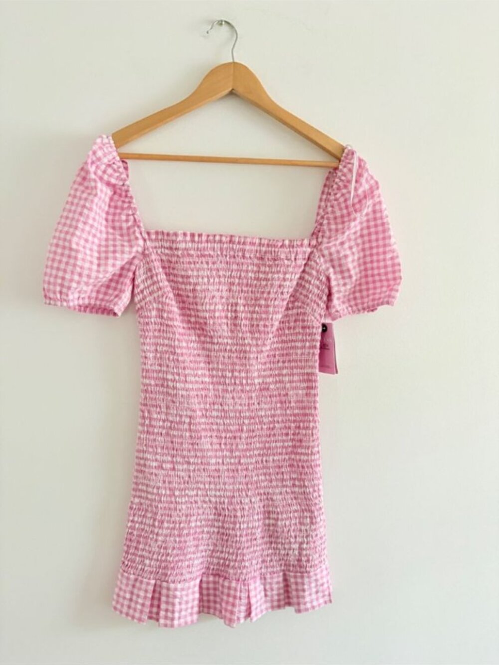 Guess Aida Smocked Puff Sleeve Mini Dress NWT Picnic Ruffle Pink White Sz Small - Picture 6 of 8